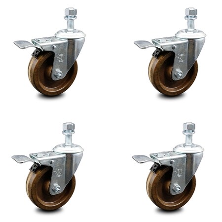 Service Caster 4 Inch High Temp Phenolic Swivel 12mm Stem Caster Set with Total Lock Brake SCC-TSTTL20S414-PHRHT-M1215-4